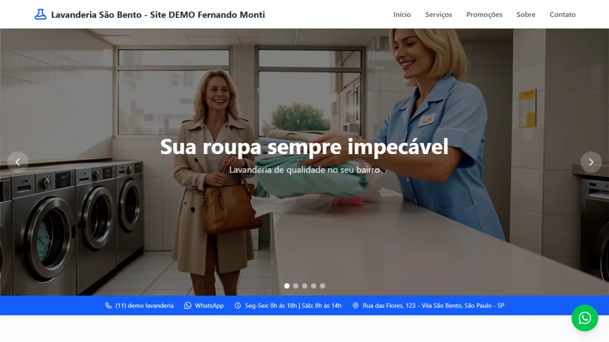 Demonstração de site profissional para lavanderia